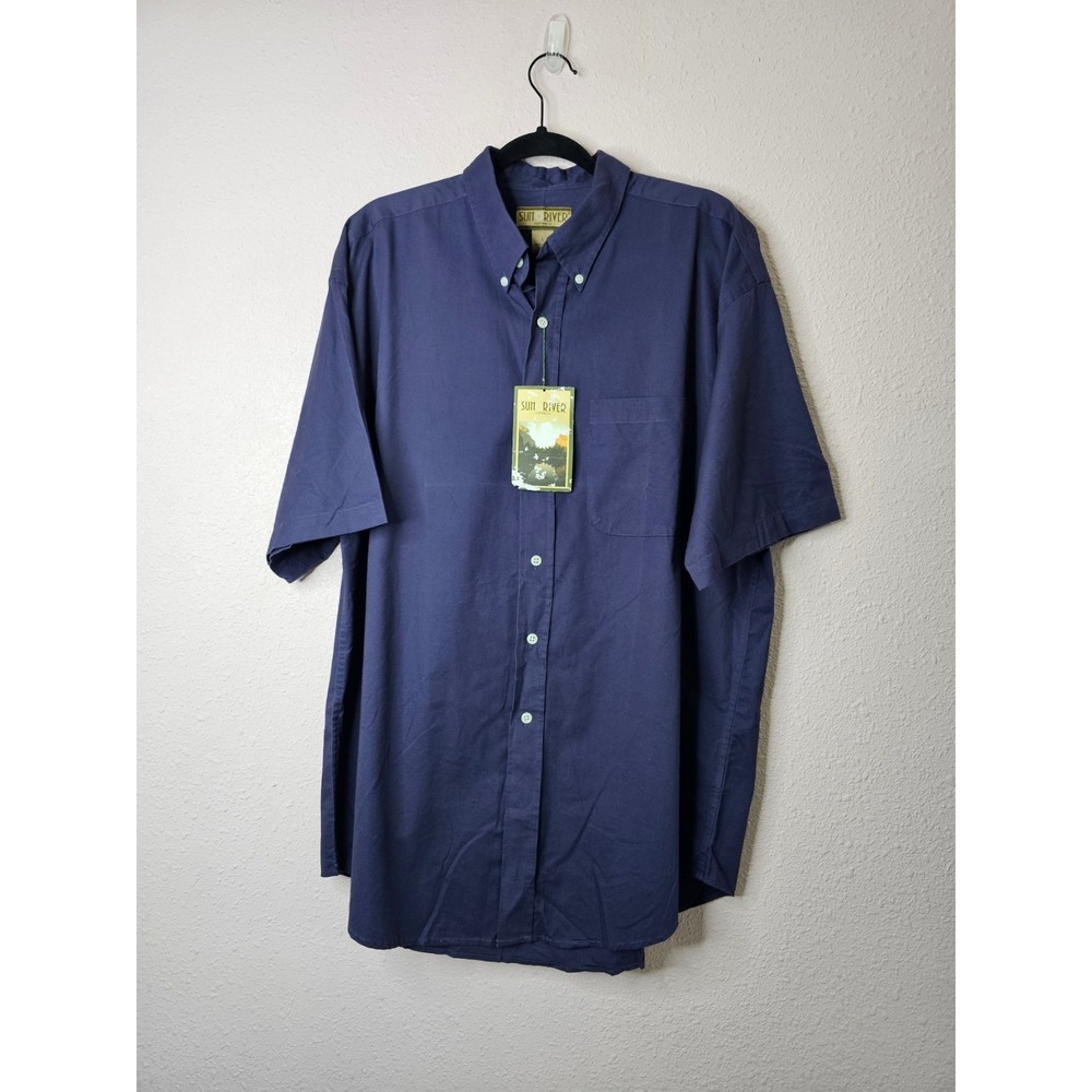 Sun River Mens Large Short Sleeve Button Down Shirt Navy Blue 100% Cotton NWT